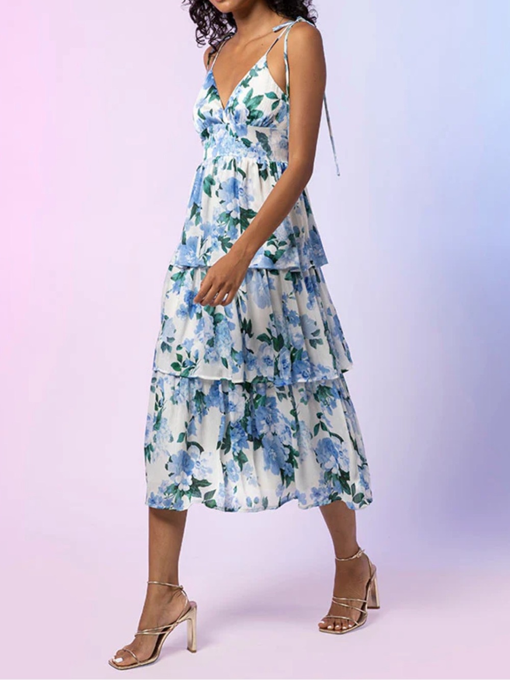 Line & Dot White and Blue Floral Tiered Midi Dress
